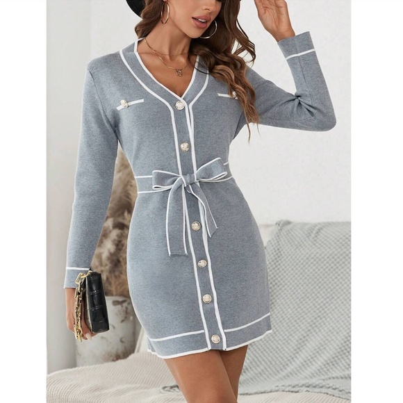 Grey Knit Belted Dress Long Sleeve, Button Through Contrast White Piping Trim - Picture 5 of 7